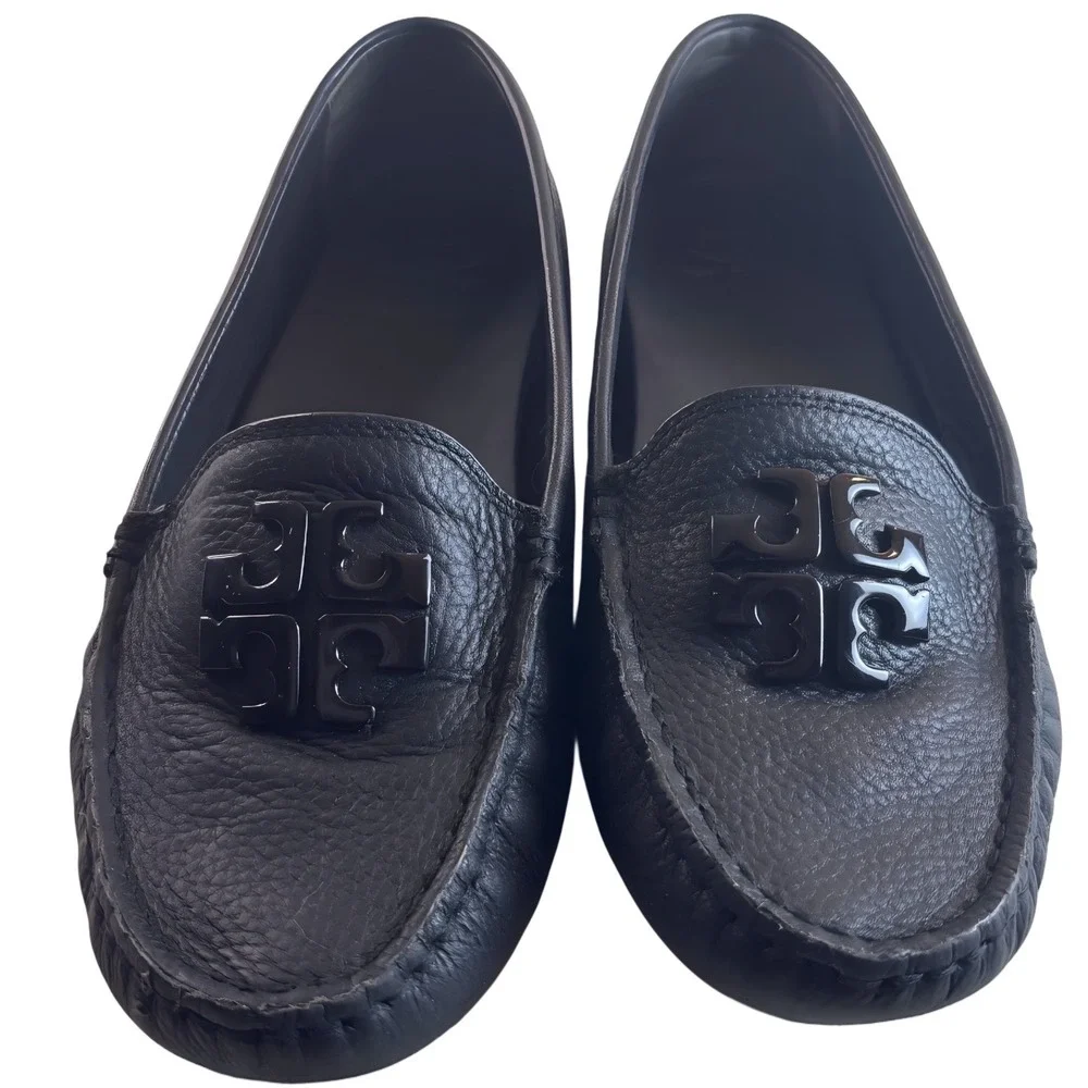 Tory Burch Ines Driver Black Pebbled Leather Logo Loafers Flats 55810 Mens‎ 9M
